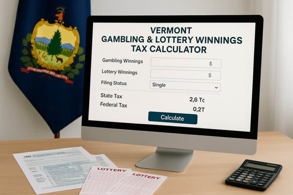 Vermont Gambling and Lottery Tax Calculator on a computer screen with tax forms and a calculator on a desk indicating tax calculations for gambling and lottery winnings.