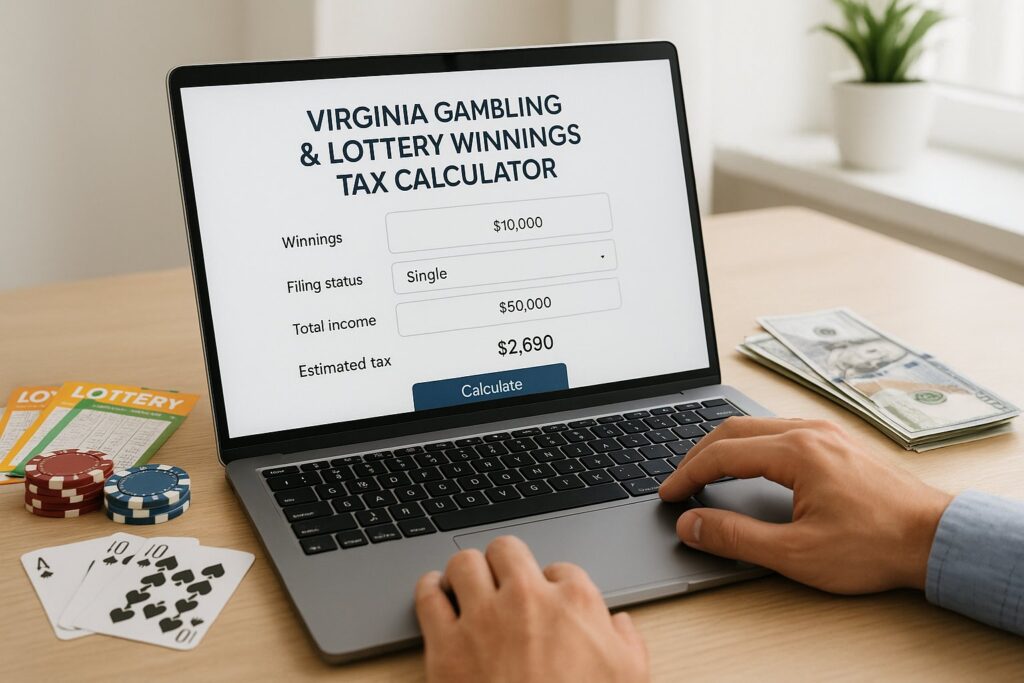 Laptop displaying a Virginia Gambling and Lottery Tax Calculator. User entering winnings and filing status to estimate taxes. Money and lottery tickets on the desk.