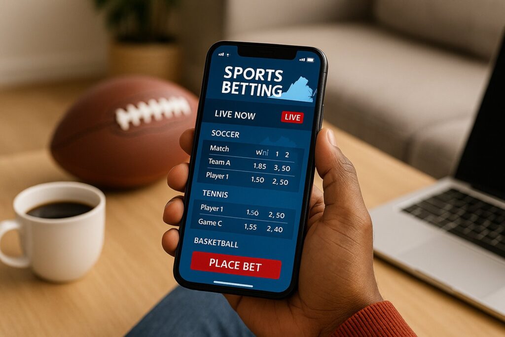 User holding a smartphone displaying a sports betting app with a football in the background, illustrating the use of Virginia sports betting apps for placing bets.