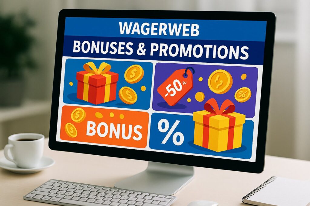 Computer screen displaying WagerWeb Bonuses and Promotions with gift boxes coins and discount signs highlighting exciting offers and opportunities for users.