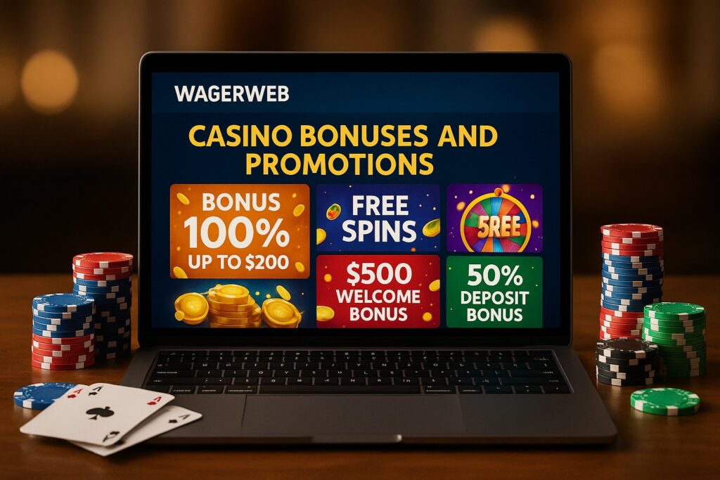 Laptop displaying WagerWeb Casino Bonuses and Promotions highlighted with exciting offers like bonus up to 200 dollars free spins welcome bonus and deposit bonus surrounded by poker chips