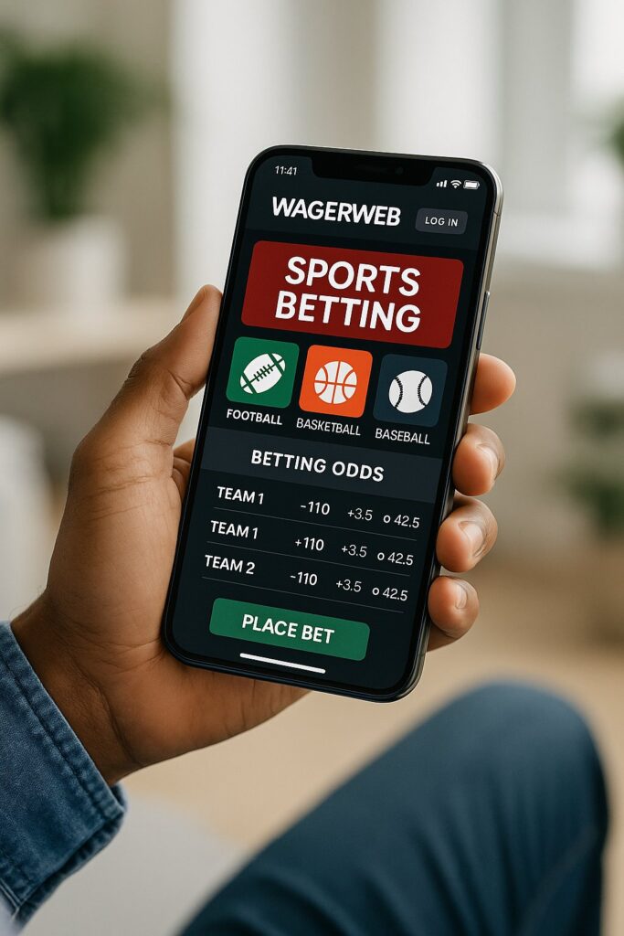 A user holds a smartphone displaying the WagerWeb Mobile App sports betting interface featuring options for football basketball and baseball enhancing the betting experience.