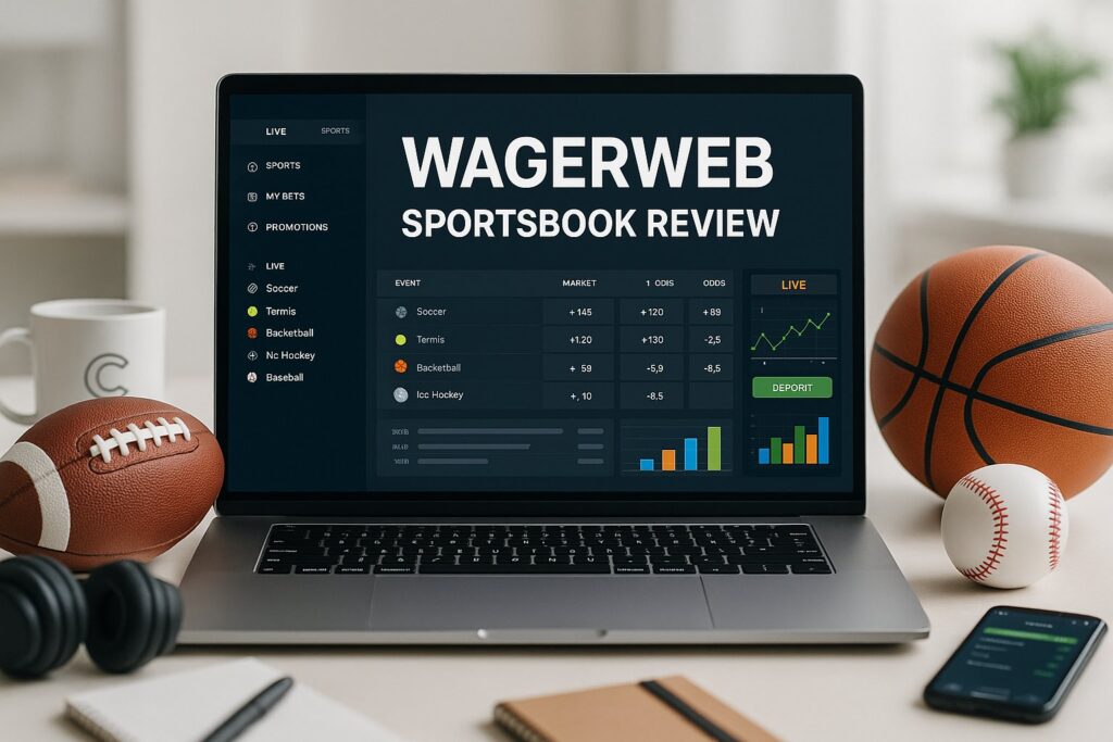 Laptop displaying WagerWeb Review on sports betting site screen surrounded by sports equipment like football and basketball highlighting best sportsbook features.