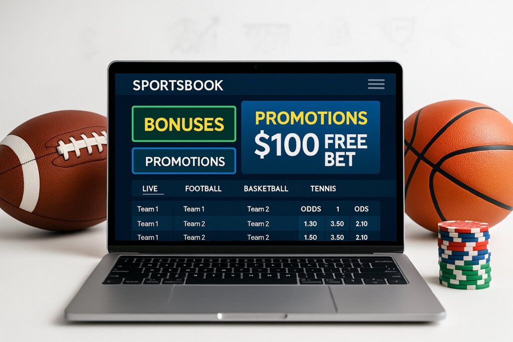 Laptop displaying WagerWeb Sportsbook Bonuses and Promotions with sports equipment and poker chips showcasing $100 free bet offer for betting enthusiasts