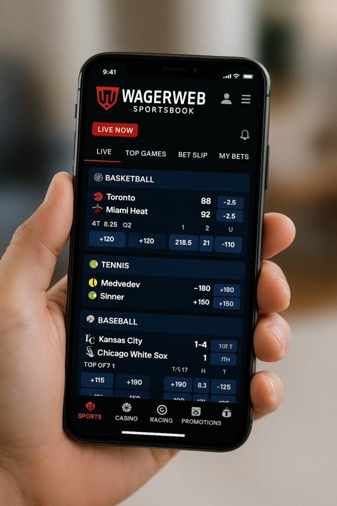 Hand holding a smartphone displaying the WagerWeb Sportsbook mobile experience showcasing live betting options for basketball tennis and baseball enhancing user engagement