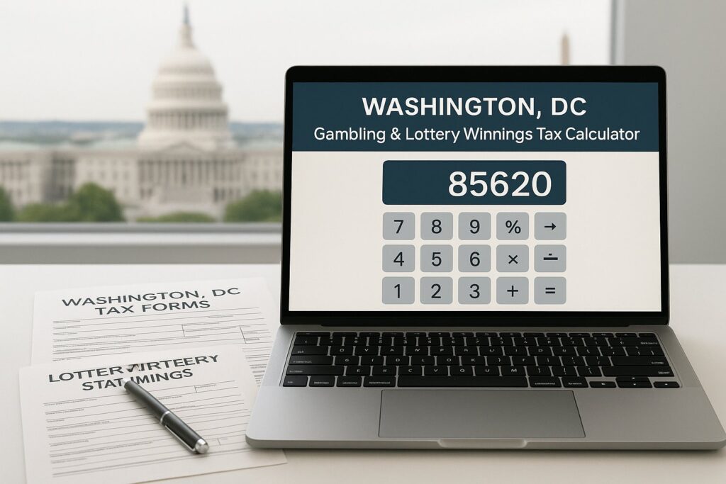 Laptop displaying Washington DC Gambling Tax Calculator for lottery winnings beside tax forms with a view of the Capitol building in the background.