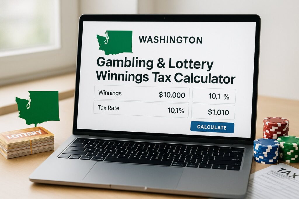Laptop screen displaying Washington Gambling and Lottery Tax Calculator with tax rate details surrounded by poker chips and lottery tickets to highlight winnings calculation.