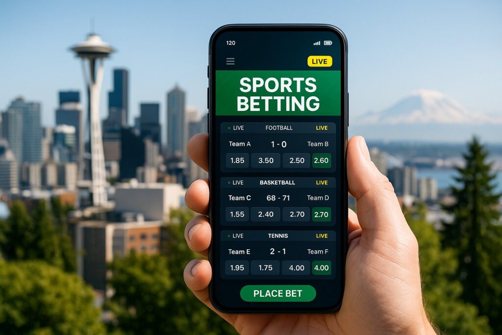 Mobile screen displaying sports betting app in Washington with city skyline. Keywords: Washington Sports Betting Apps. Ideal for bettors seeking convenient options.