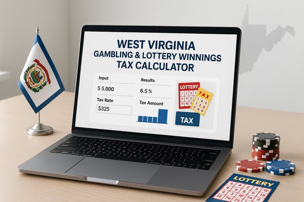 Laptop displaying West Virginia Gambling and Lottery Tax Calculator with tax results. Nearby are poker chips and lottery tickets. Ideal tool for calculating gambling taxes.