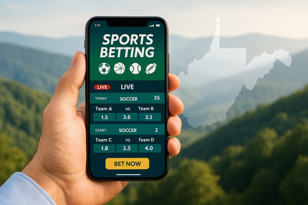 Person holding a smartphone displaying sports betting app interface with a scenic West Virginia background highlighting the popularity of West Virginia sports betting apps.