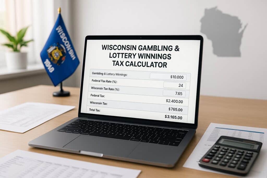 Laptop displaying Wisconsin Gambling and Lottery Tax Calculator with financial documents and calculator in an office setting ideal for calculating taxes on gambling winnings.