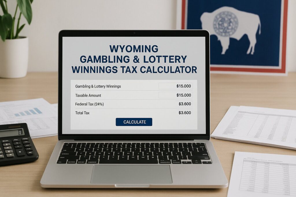 Laptop displaying Wyoming Gambling and Lottery Tax Calculator with tables and tax details in office setting. Optimize your gambling winnings tax calculations in Wyoming.