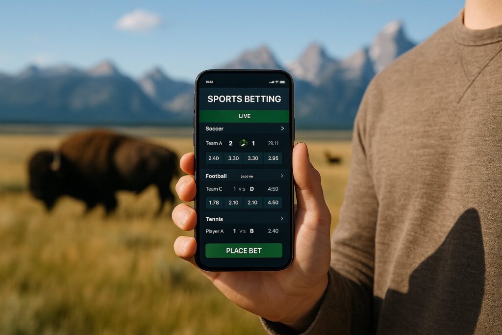 Person using Wyoming Sports Betting Apps on a smartphone in a picturesque Wyoming landscape with a bison and mountains in the background highlighting mobile betting.
