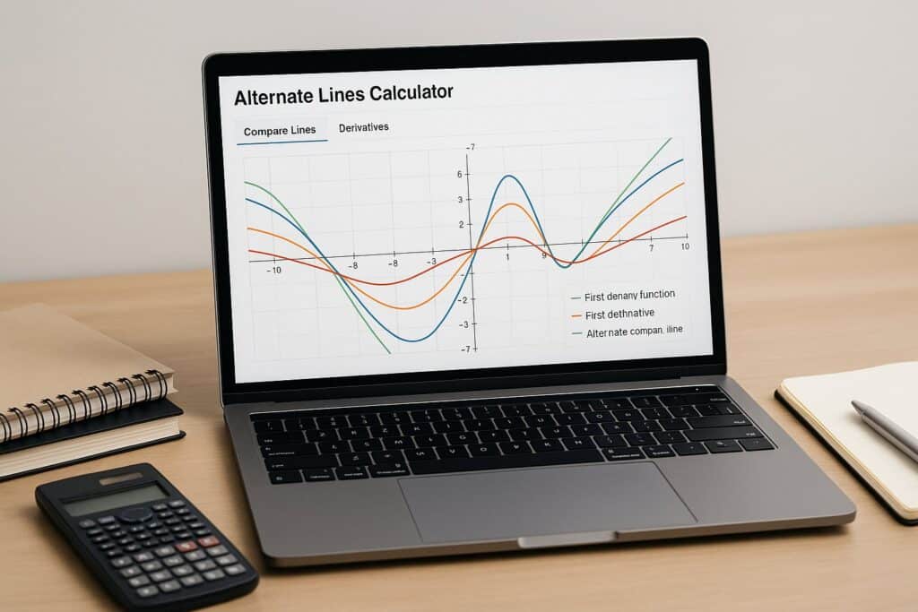 Laptop displaying alternate line calculator for sports betting with colorful graphs. A calculator and notepad are on the wooden desk enhancing a professional setting.