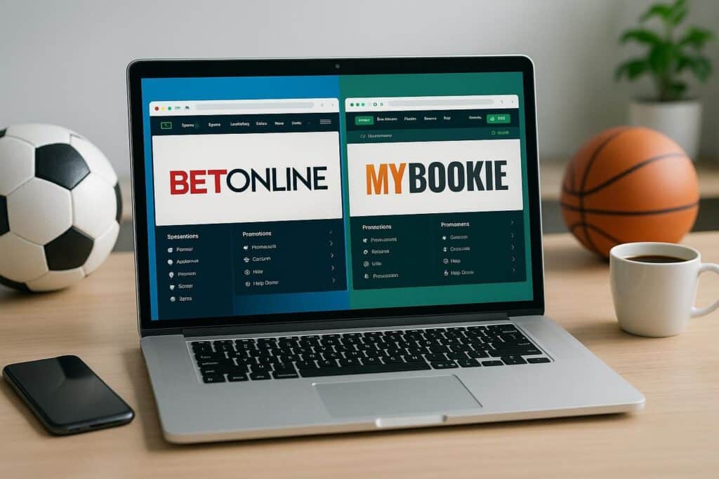 Laptop screen showing BetOnline vs MyBookie Comparison with sports equipment nearby illustrating online sports betting platforms for an informed gaming decision.