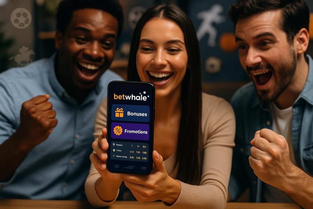 People excitedly showcasing the betwhale app on a mobile phone emphasizing Bonuses and Promotions. Discover exciting offers and promotions with betwhale for better gaming.