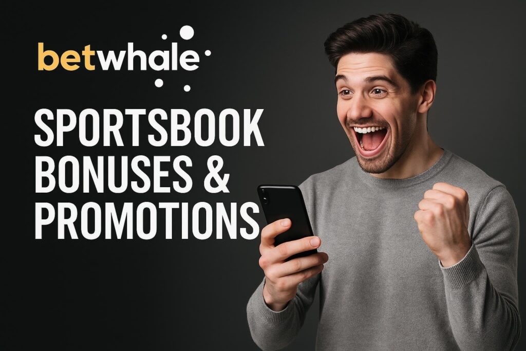 Happy man holding phone celebrates with Betwhale sportsbook bonuses and promotions featuring exclusive offers and rewards for sports betting enthusiasts.
