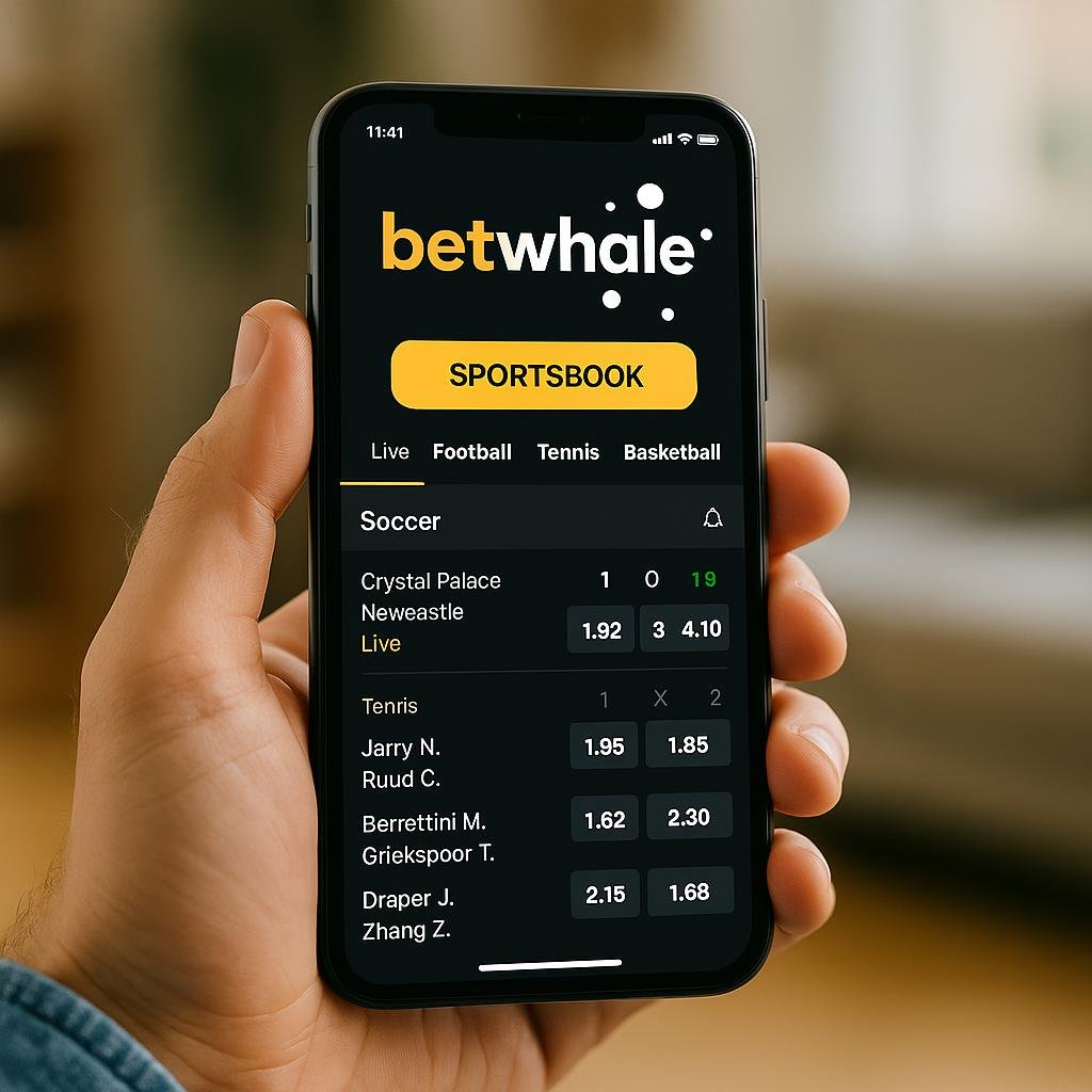 Hand holding a smartphone displaying the betwhale Mobile App interface showing live sports betting options for soccer and tennis highlighting its user-friendly design.