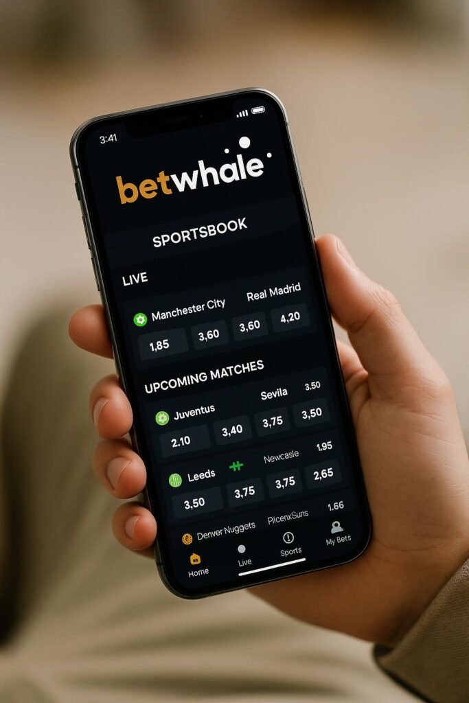Hand holding a smartphone displaying the betwhale app interface highlighting an intuitive Mobile User Experience with live sports scores and upcoming match updates.
