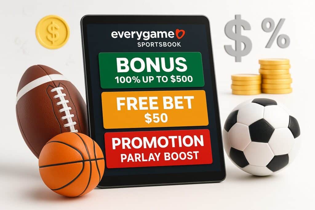 Everygame Bonuses and Promotions on display with a tablet showcasing offers like a 0 bonus and  free bet alongside sports items like a football and basketball.
