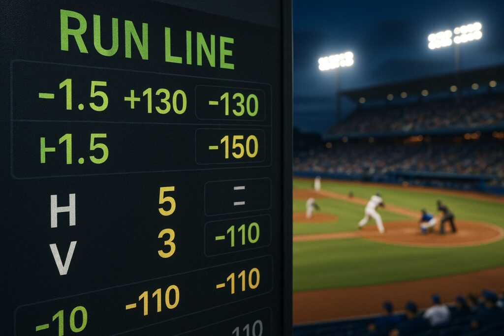 Scoreboard displaying run line odds at a baseball game highlighting run line meaning in sports betting showcasing the odds for home and visiting teams.