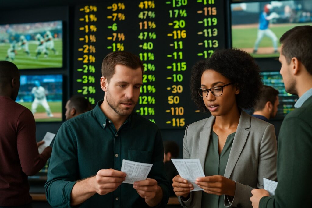 A group of people analyzing scores for over under betting in a sports bar with digital odds displays. Engaged in active discussion of betting strategies and outcomes.