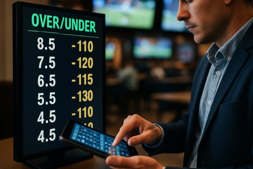 Person checking over under betting odds on a digital display with a tablet in a sports bar environment highlighting sports betting strategies and tips.