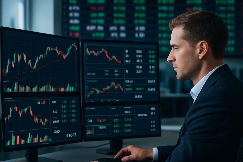 A betting analyst in an office looking at multiple computer screens showing financial charts and market data.