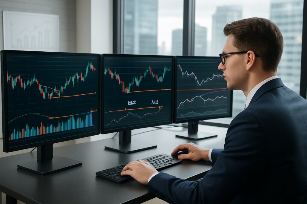 A betting analyst working at a desk with multiple monitors displaying financial charts and spread betting data in a modern office.