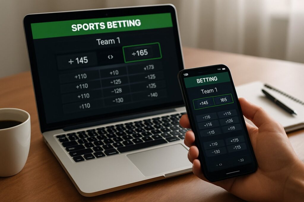 Close-up of a laptop and smartphone displaying sports betting odds with a hand holding the phone on a desk with a coffee cup and notepad.