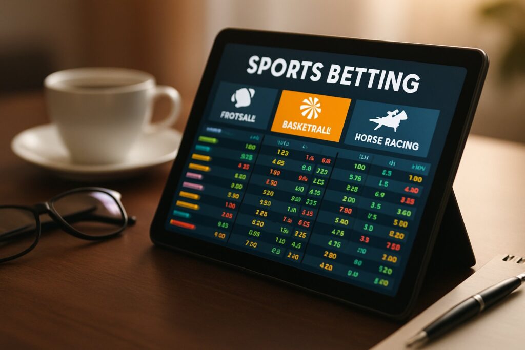 Close-up of a digital device displaying sports betting odds with a coffee cup and glasses nearby on a desk.