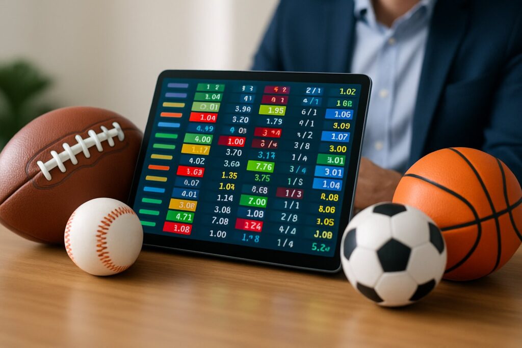 A close-up of a tablet showing sports betting odds with sports equipment like a football and basketball on a desk, and a person analyzing the data in the background.