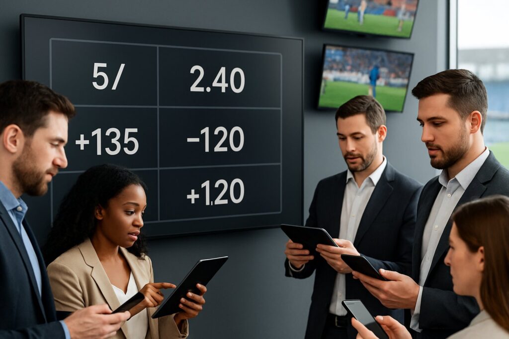 People using digital devices to view different types of sports betting odds on a large touchscreen in a modern sports betting environment.