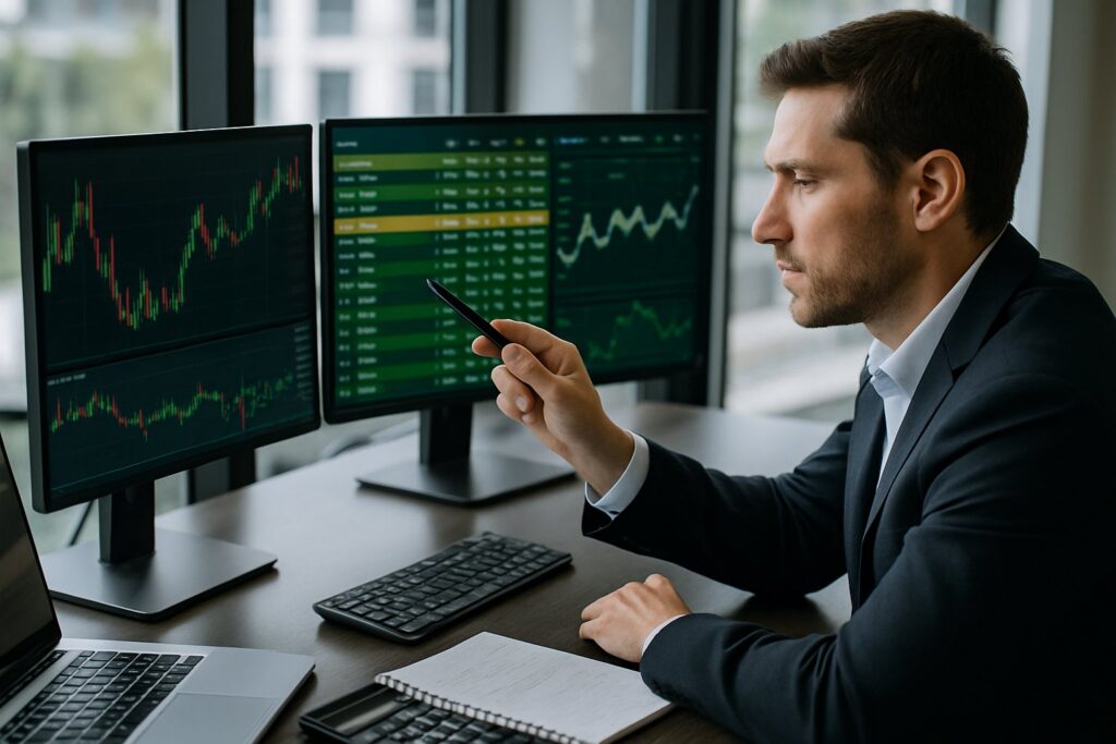 A person in an office analyzing multiple digital screens showing graphs and betting odds, pointing at the screens thoughtfully.