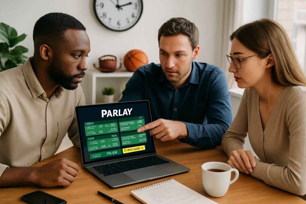 Three people sitting around a table discussing sports betting with a laptop and smartphones in a bright room.