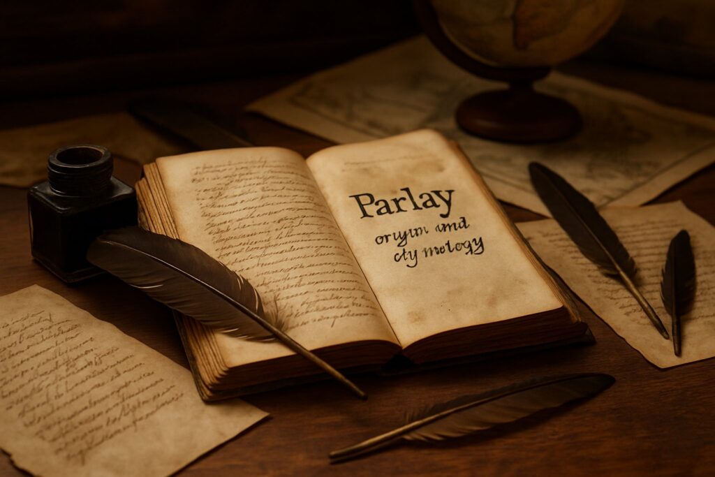 An open vintage book with handwritten notes, antique quill pens, parchment papers, a globe, and old maps arranged on a wooden table.