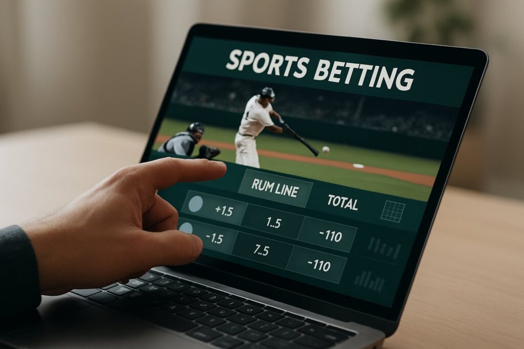 Person viewing sports betting odds on a laptop screen. Learn the Run Line meaning and how it influences betting strategies in sports like baseball and more.