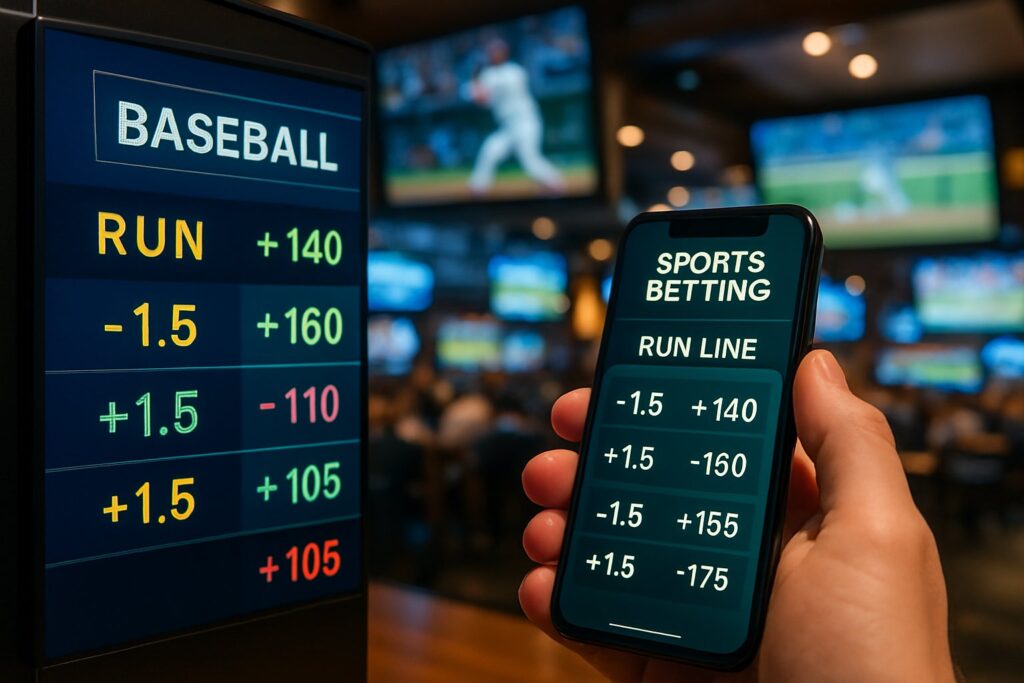 Sports betting focused on baseball with a digital display of run line odds on a phone and screen showing a game. Understand run line meaning in betting.