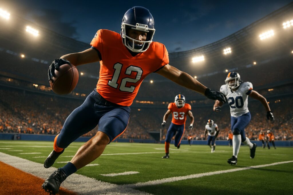 Dynamic action shot of a football player scoring a touchdown during a game illustrating the Anytime Touchdown Scorer Meaning with defenders in pursuit under stadium lights.