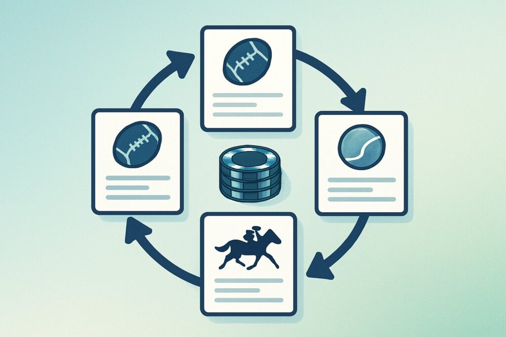 Illustration of a Round Robin Bet showing interconnected betting options such as football horse racing and tennis with a stack of chips symbolizing potential winnings.