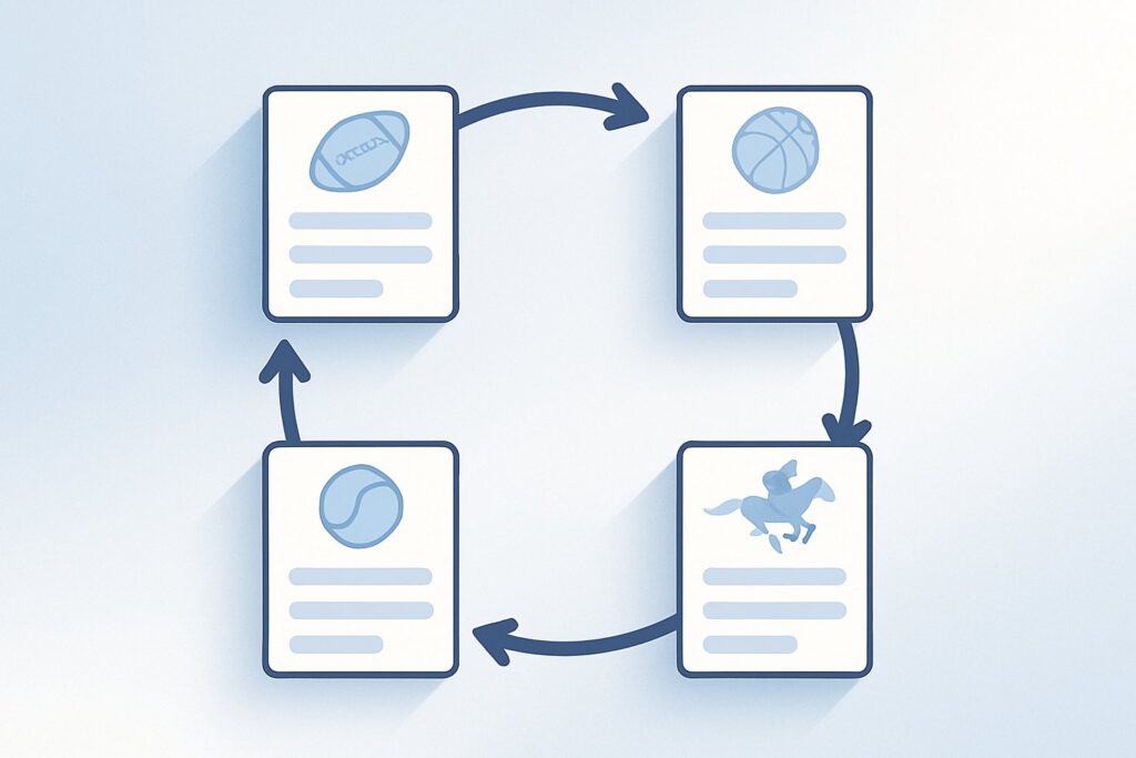 Illustration of a Round Robin Bet showcasing interconnected betting cards for football basketball tennis and horse racing highlighting strategic sports betting options.