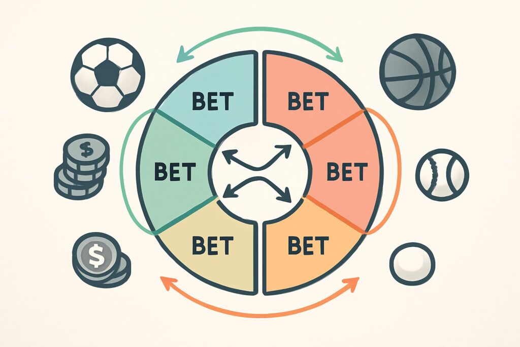Illustration of a Round Robin Bet featuring interconnected betting options with sports icons and currency symbols emphasizing strategic sports betting.