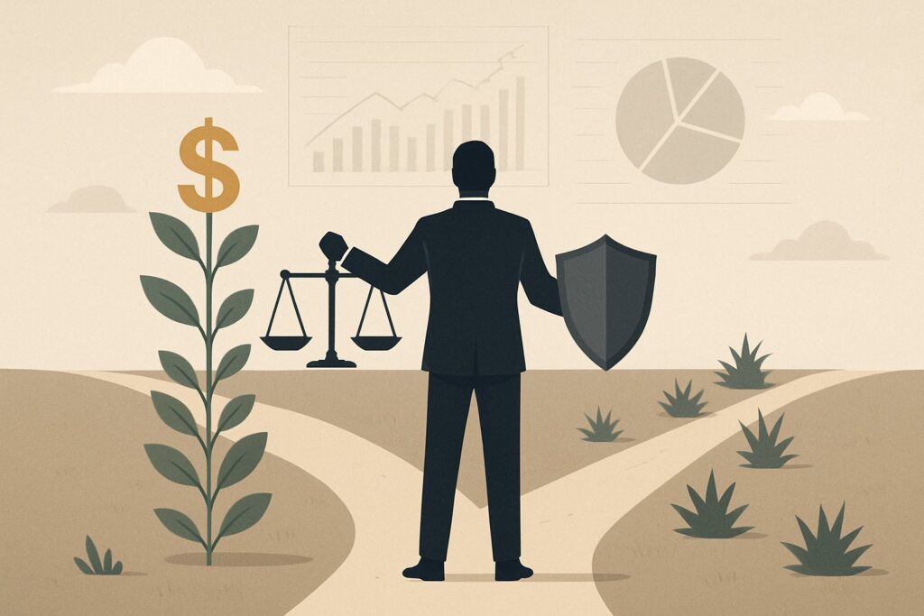 Person standing at a crossroads symbolizing hedging bets with balancing scales and shield representing financial protection and strategy for decision making.