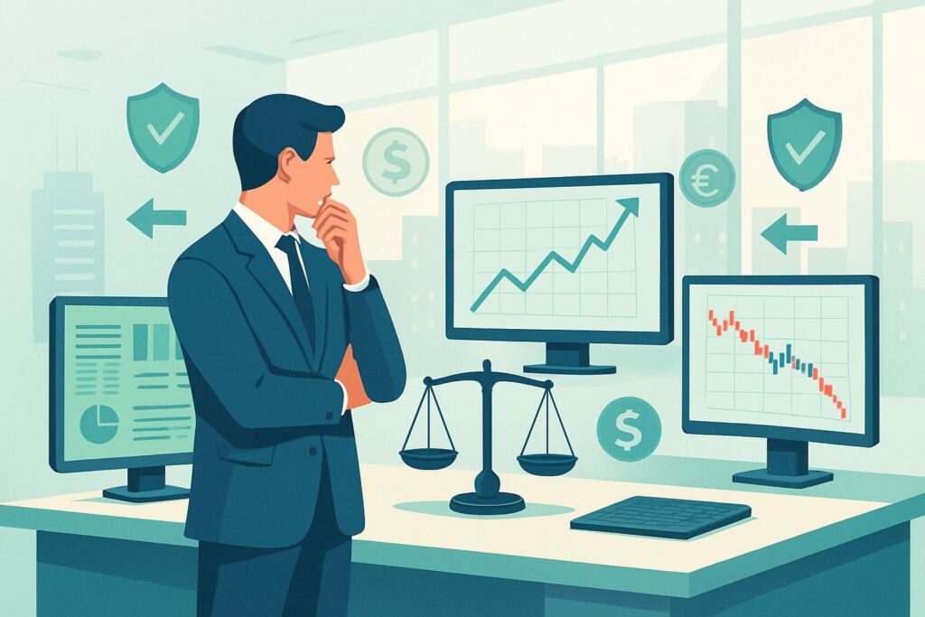 A betting analyst analyzing multiple betting charts on computer screens with a balanced scale on the desk, symbolizing managing risk in investments.