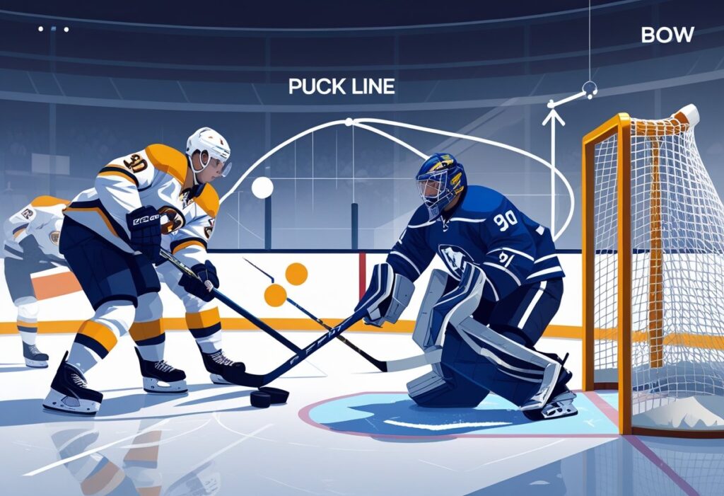 Illustration of a hockey match showing puck line and strategy. Understand the puck line meaning in hockey betting with players in action near the goalpost.