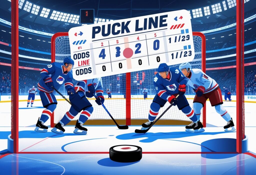 Hockey players in action under a scoreboard displaying puck line odds. Learn about puck line meaning and odds in hockey betting for strategic wagering decisions.
