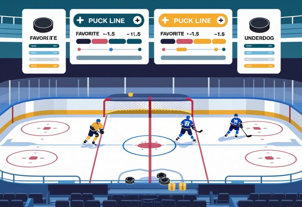 Illustration explaining puck line meaning in hockey betting showing favorite and underdog team odds with a vibrant ice hockey game scene on the rink.