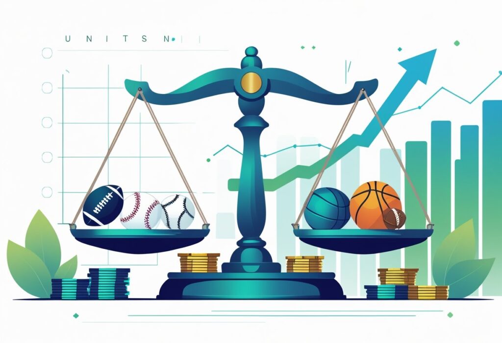 Illustration of balance scales with sports balls and coins symbolizing sports betting strategy. Find out what is a unit in sports betting with this insightful guide.