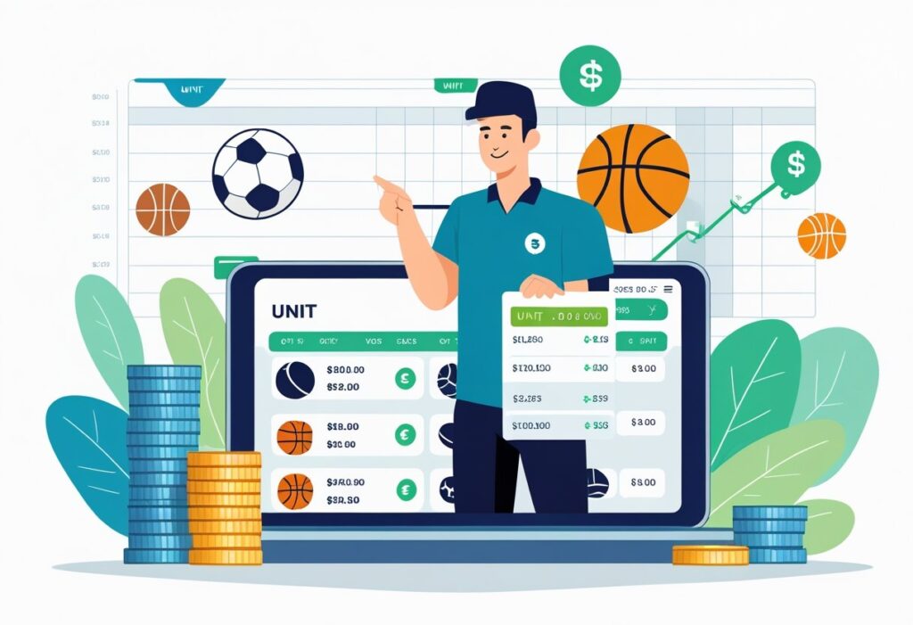 Illustration of a person analyzing sports betting on a tablet with graphs and charts. Discover what is a unit in sports betting and how it influences wagering strategies.