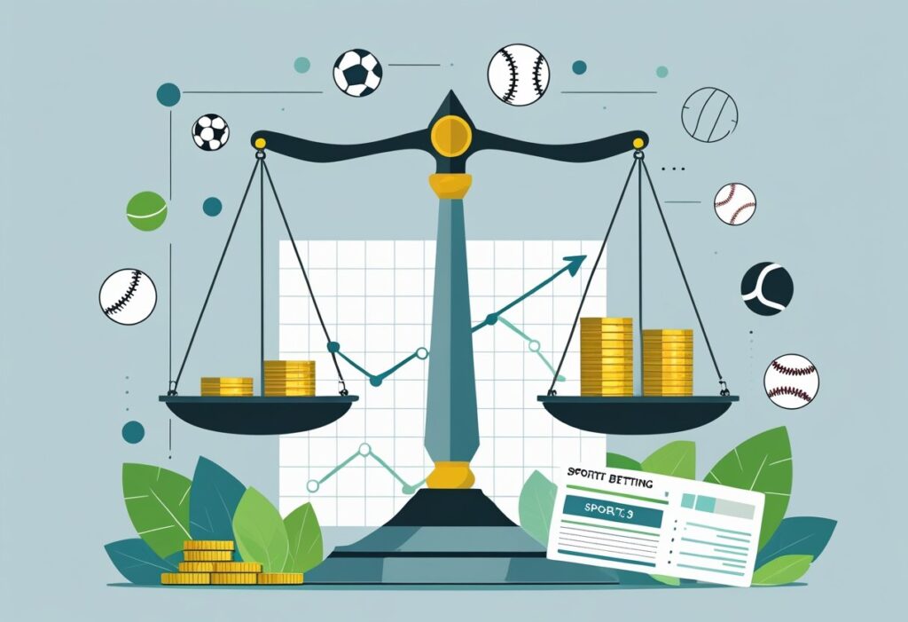 Scale balancing coins and sports equipment symbolizing financial strategy in sports betting. Discover the concept of What Is a Unit in Sports Betting and its importance.